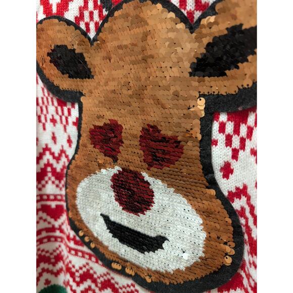 Ugly Christmas Sweater Sequin Rudolph Reindeer Red & Green, Juniors XXL 19 - Picture 3 of 10